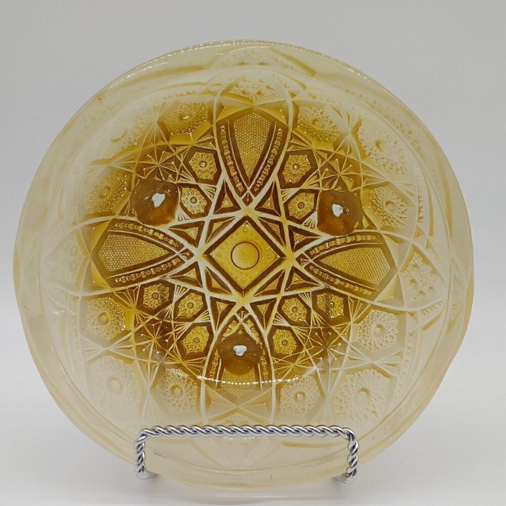 2 Toned Amber Depression Glass Round Mid Century Modern Footed Serving Bowl VTG